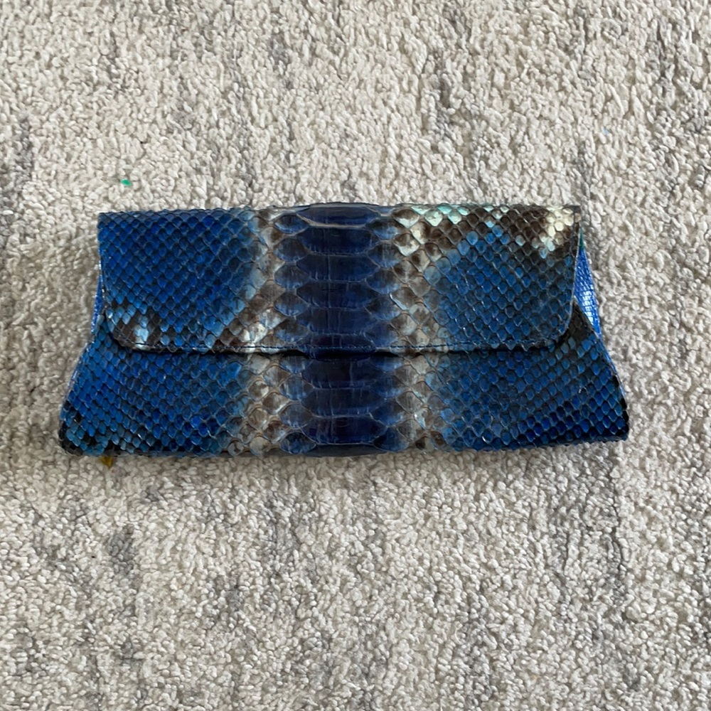 Robyn Brooks blue snake skin clutch